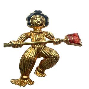 Vintage Avon Scarecrow Gold Tone Brooch Black Orange Enamel Halloween Rare Pin